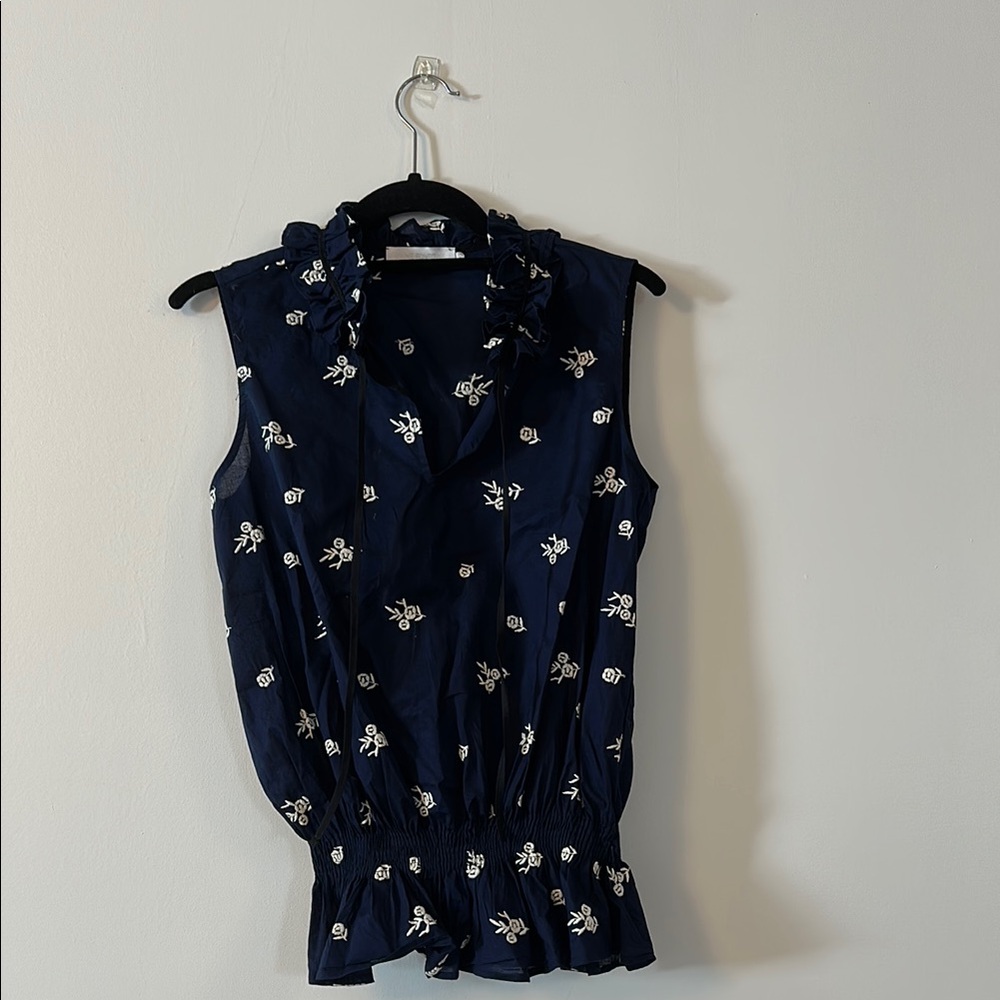 Navy Blue Sleeveless Top with Floral Embroidery